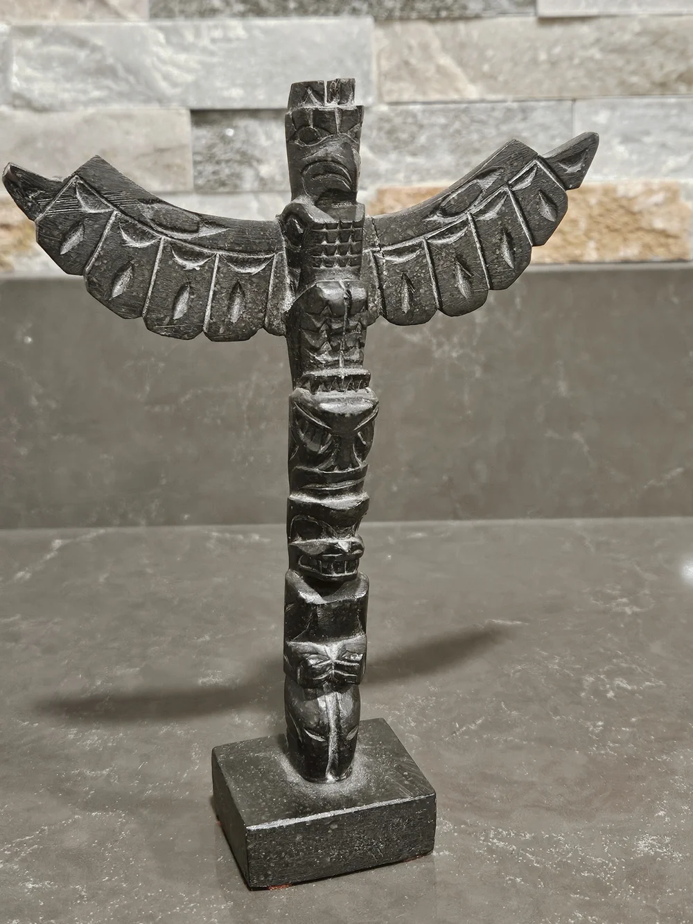 Hand-Carved Black Totem Pole Sculpture Signed by Artist - Picture 7 of 13